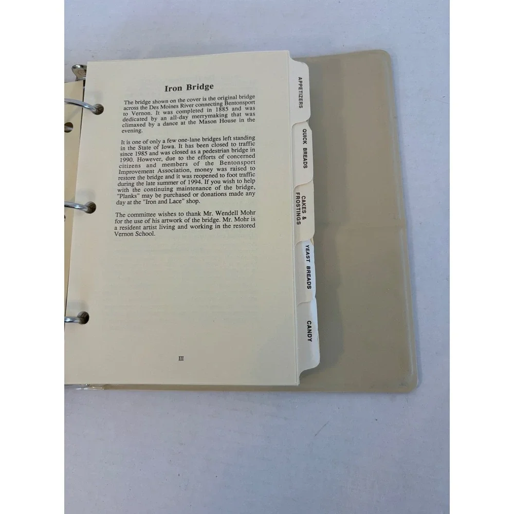 Vintage 1995 Historic Bentonsport Cookbook Iowa Jumbo Jacks 3 Ring Binder
